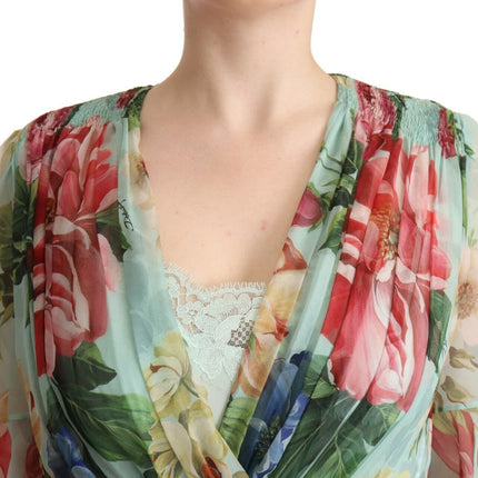 Dolce & Gabbana Green Floral Long Sleeves V-neck Midi Dress