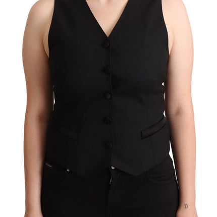 Dolce & Gabbana Black Button Down Sleeveless Viscose Vest Top