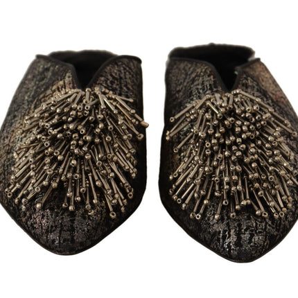 Paola D'Arcano Gold Jacquard Leather Embellished Slip On Shoes
