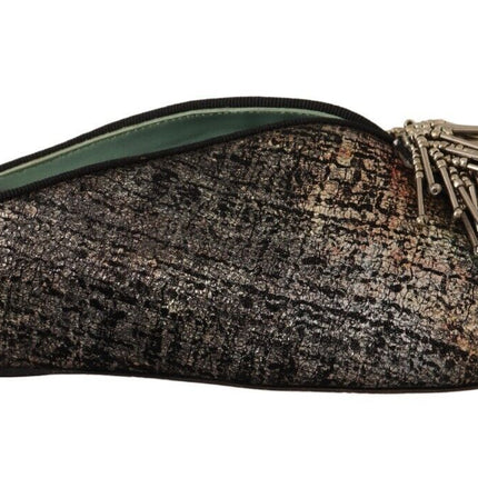 Paola D'Arcano Gold Jacquard Leather Embellished Slip On Shoes