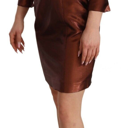 GF Ferre Metallic Brown Long Sleeves Square Neck Sheath Dress