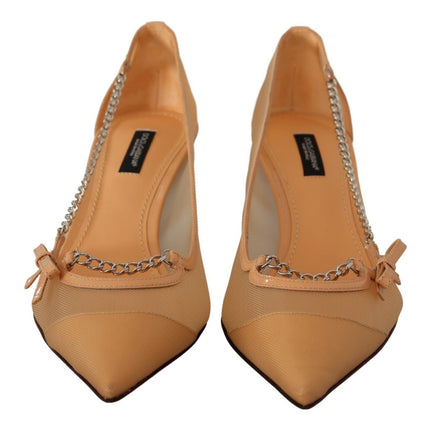 Dolce & Gabbana Peach Mesh Leather Chains Heels Pumps Shoes