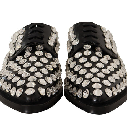 Dolce & Gabbana Black Leather Crystals Lace Up Formal Shoes