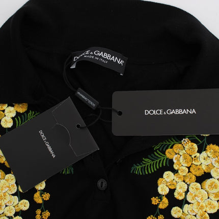 Dolce & Gabbana Black Silk Floral Embroidered Polo Top