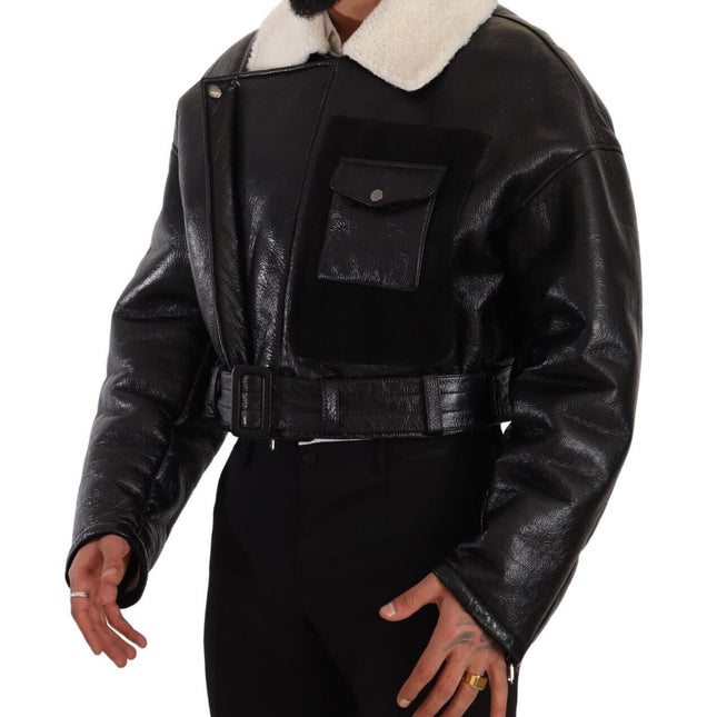 Dolce & Gabbana Black Leather Shearling Biker Coat Jacket