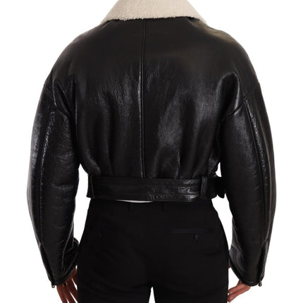 Dolce & Gabbana Black Leather Shearling Biker Coat Jacket