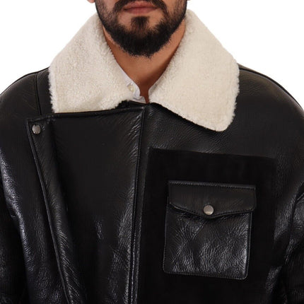 Dolce & Gabbana Black Leather Shearling Biker Coat Jacket