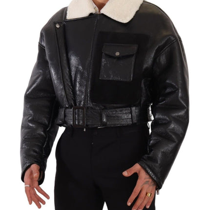 Dolce & Gabbana Black Leather Shearling Biker Coat Jacket