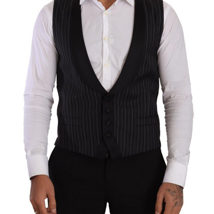 Dolce & Gabbana Black Striped Wool Silk Waistcoat Vest