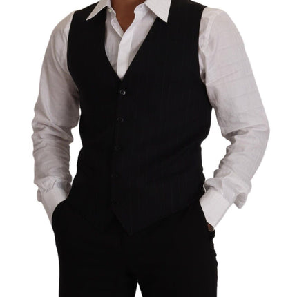Dolce & Gabbana Blue Striped Wool Stretch Waistcoat Vest