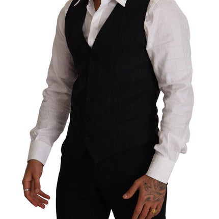 Dolce & Gabbana Blue Striped Wool Stretch Waistcoat Vest