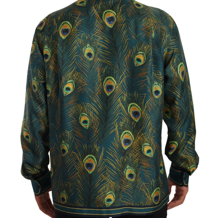 Dolce & Gabbana Peacock Feather Print Silk Pajama Mens Shirt