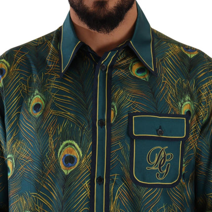 Dolce & Gabbana Peacock Feather Print Silk Pajama Mens Shirt