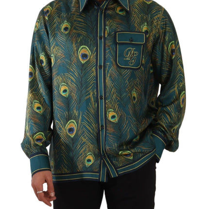Dolce & Gabbana Peacock Feather Print Silk Pajama Mens Shirt