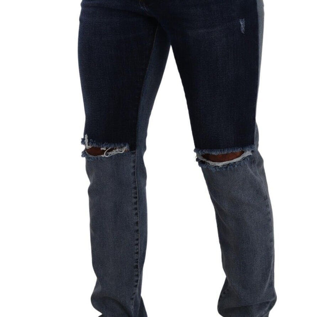 Dolce & Gabbana Blue Two Tone Tattered Cotton Slim Denim Jeans