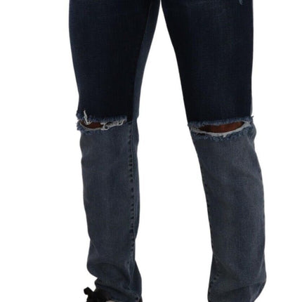 Dolce & Gabbana Blue Two Tone Tattered Cotton Slim Denim Jeans