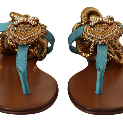 Dolce & Gabbana Blue Leather Devotion Flats Sandals
