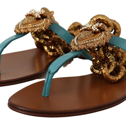 Dolce & Gabbana Blue Leather Devotion Flats Sandals