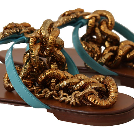 Dolce & Gabbana Blue Leather Devotion Flats Sandals