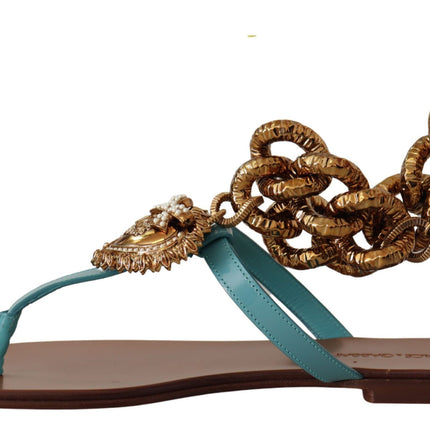Dolce & Gabbana Blue Leather Devotion Flats Sandals