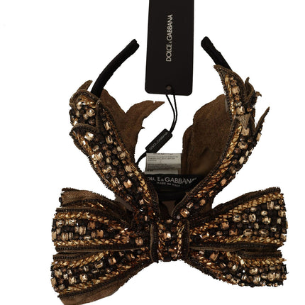 Dolce & Gabbana Gold Crystal Beaded Sequined Silk Bow Headband Diadem
