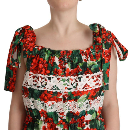 Dolce & Gabbana Multicolor Geranium Print Lace Long Maxi Dress