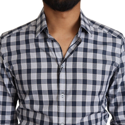 Dolce & Gabbana Blue White Check Cotton Slim Fit GOLD Shirt