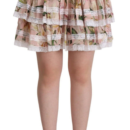 Dolce & Gabbana Pink Lily Print Silk Mini Tiered A-line Skirt
