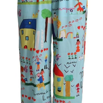 Dolce & Gabbana Light Blue Drawing Mid Waist Wide Leg Pants