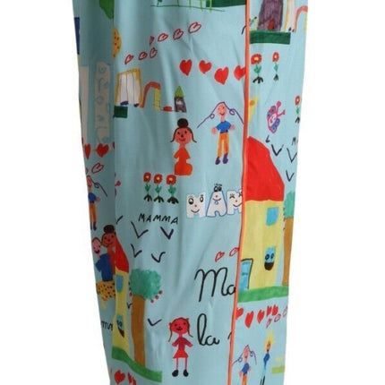 Dolce & Gabbana Light Blue Drawing Mid Waist Wide Leg Pants