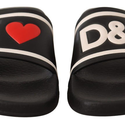 Dolce & Gabbana Black Leather I Love D&G Slides Sandals