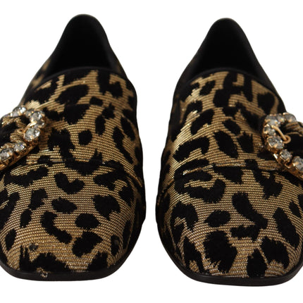 Dolce & Gabbana Gold Leopard Print Crystals Loafers Shoes