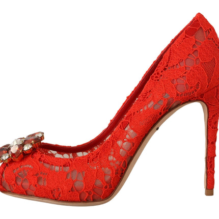 Dolce & Gabbana Red Taormina Lace Crystal Heels Pumps
