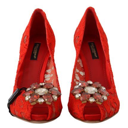 Dolce & Gabbana Red Taormina Lace Crystal Heels Pumps
