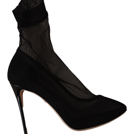 Dolce & Gabbana Black Stretch Tulle Stretch Boots Shoes
