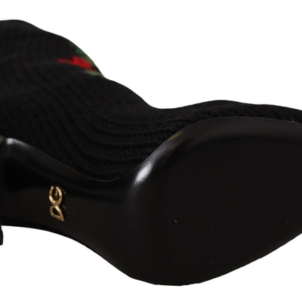 Dolce & Gabbana Black Stretch Socks Red Roses Booties Shoes