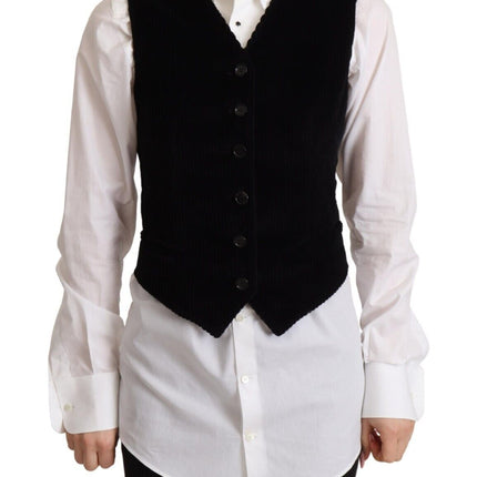 Dolce & Gabbana Black V-neck Leopard Corduroy Button Vest Top