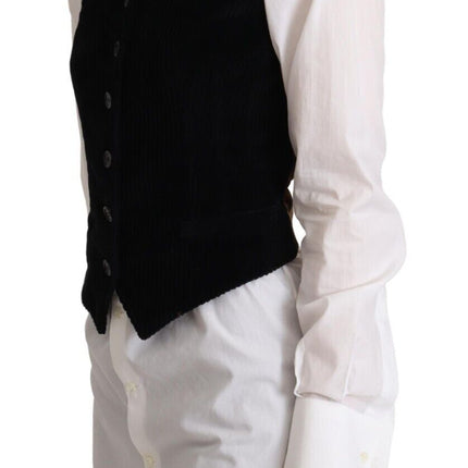 Dolce & Gabbana Black V-neck Leopard Corduroy Button Vest Top