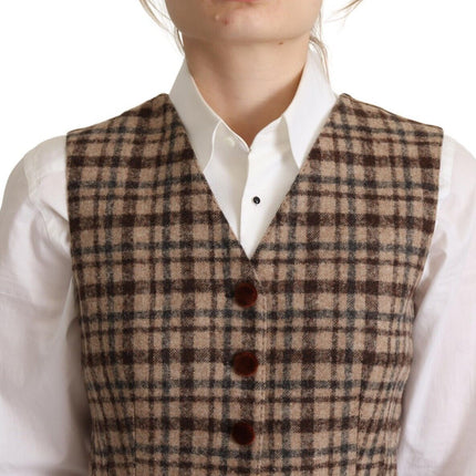 Dolce & Gabbana Brown Checkered Leopard V-neck Sleeveless Vest Top