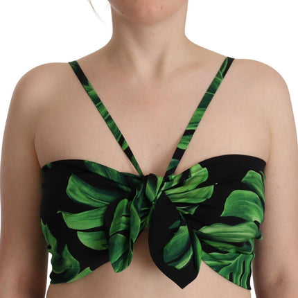 Dolce & Gabbana Black Green Leaf Silk Halter Cropped Top