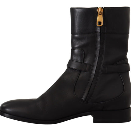 Dolce & Gabbana Black Leather Flats Logo Short Boots Shoes