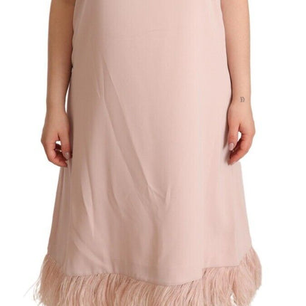 P.A.R.O.S.H. Pink Polyester Sleeveless Midi Feather Shift Dress