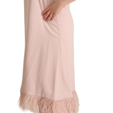 P.A.R.O.S.H. Pink Polyester Sleeveless Midi Feather Shift Dress