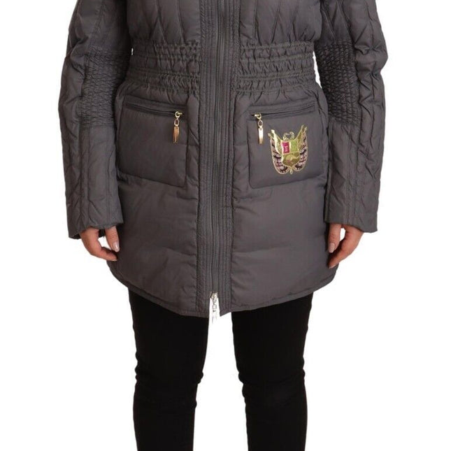 Roccobarocco Gray Quilted Long Sleeves Logo Patch Full Zip Jacket