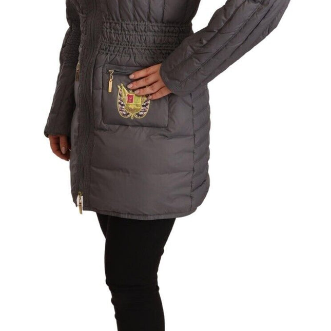 Roccobarocco Gray Quilted Long Sleeves Logo Patch Full Zip Jacket