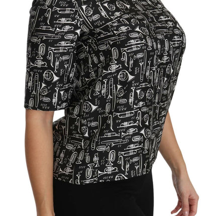 Dolce & Gabbana Black Musical Instruments Print Silk Blouse
