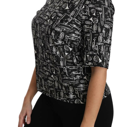 Dolce & Gabbana Black Musical Instruments Print Silk Blouse