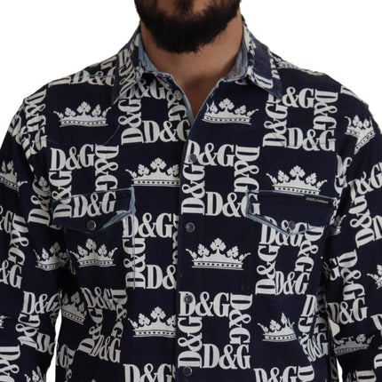 Dolce & Gabbana Blue Denim Stretch DG Crown Logo Casual Shirt