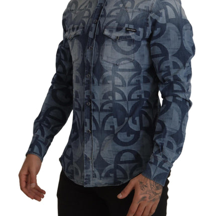 Dolce & Gabbana Blue Denim Stretch DG Logo Casual Mens Slim Shirt
