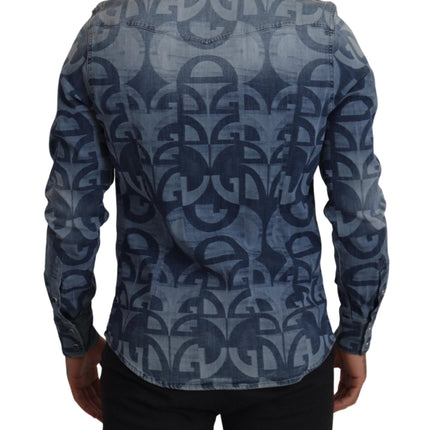 Dolce & Gabbana Blue Denim Stretch DG Logo Casual Mens Slim Shirt